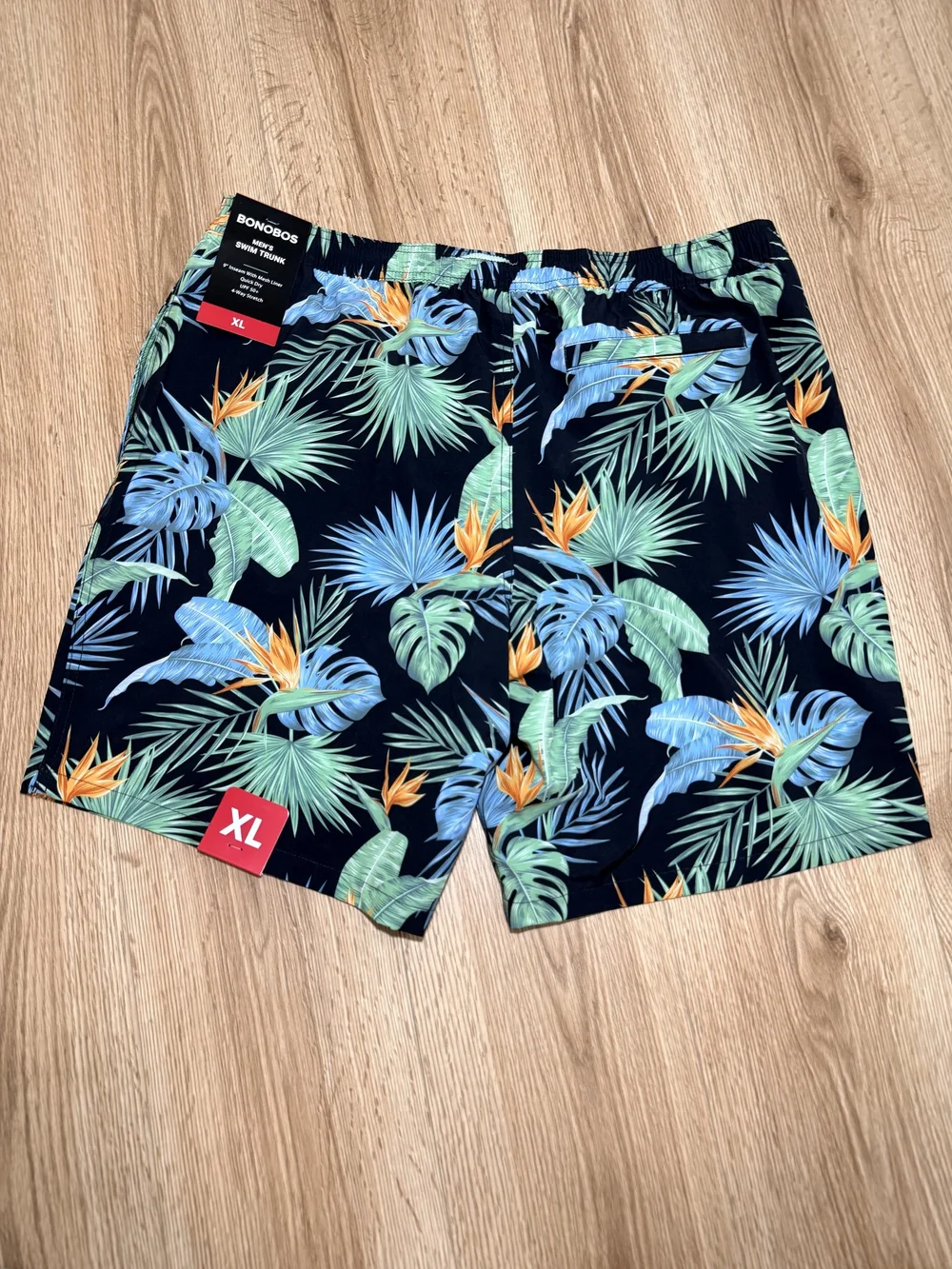 Bonobos Navy Tropical Print Swim Shorts with Green & Orange Accents